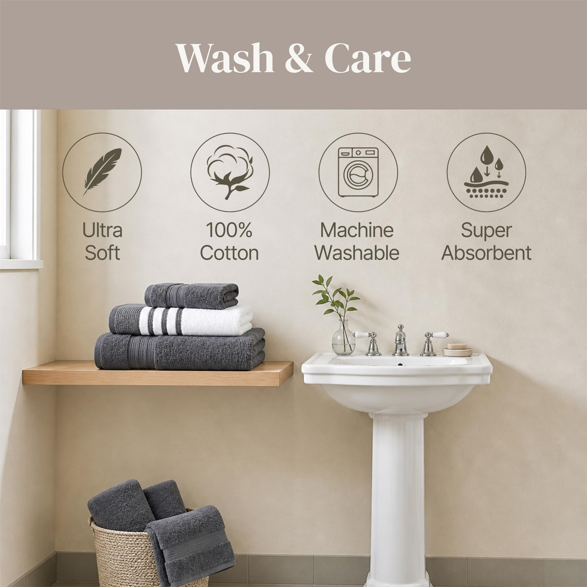 Modern Threads towel set pack shot in white and charcoal for bathroom decor.