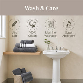 Modern Threads towel set pack shot in white and charcoal for bathroom decor.
