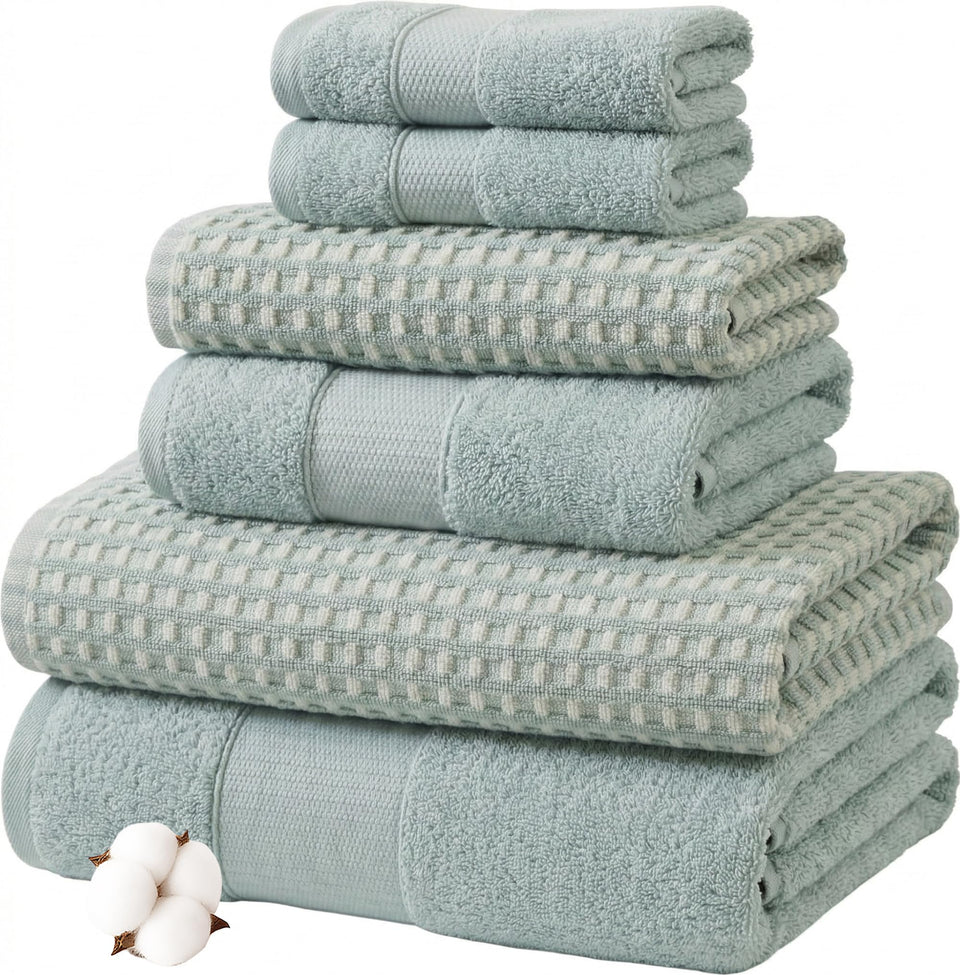 Modern Threads waffle jacquard bath towel in Sage Mist, soft and absorbent two-tone texture.