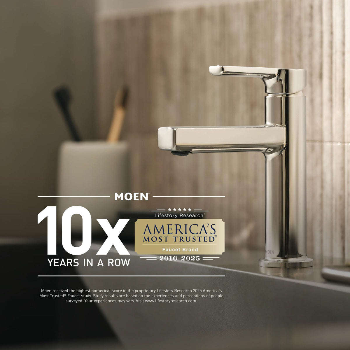 Solid Moen build supports standard shower curtains reliably