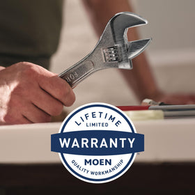 Brushed nickel Moen rod adds warm, durable bathroom styling
