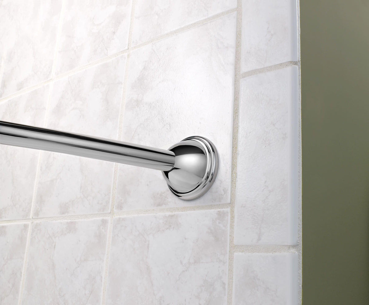 Moen brushed nickel curved rod complements modern bathroom decor