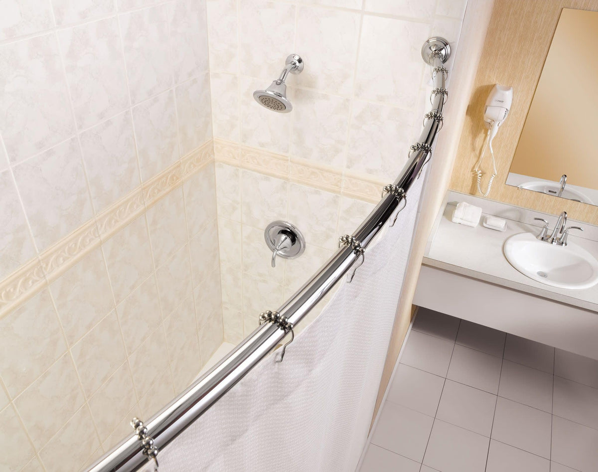 Moen chrome curved rod with a mirror-like finish reflects bathroom light