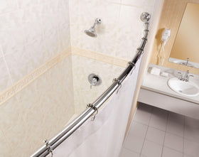 Moen chrome curved rod with a mirror-like finish reflects bathroom light