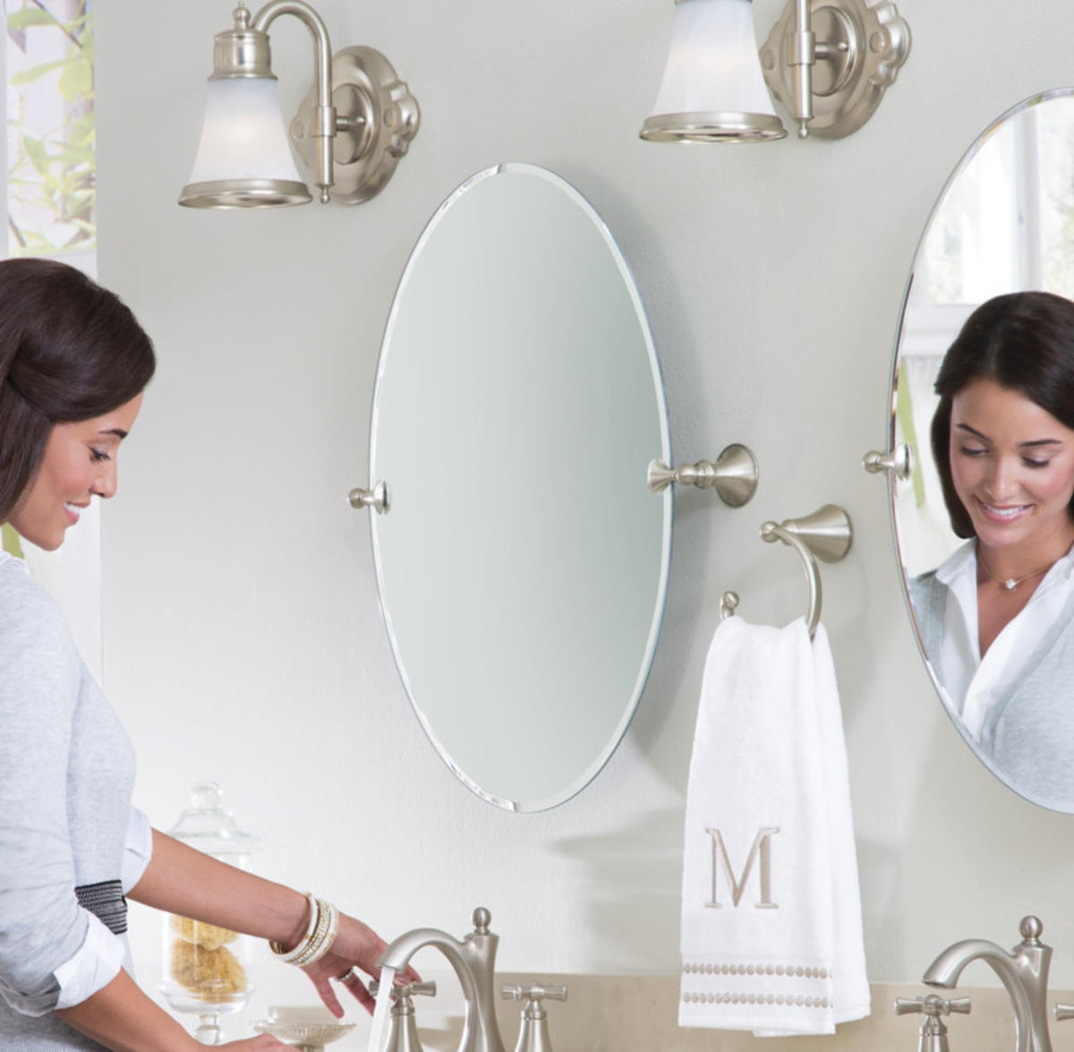 Brushed nickel finish offers warm, modern bathroom aesthetics
