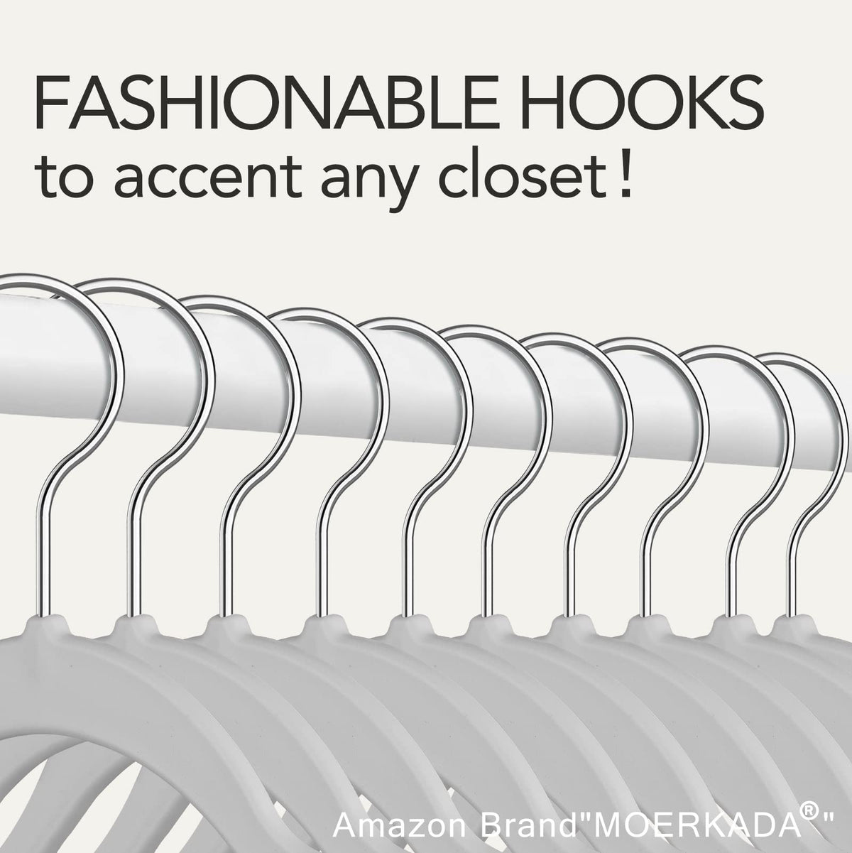 MOERKADA 360-degree rotating hook on grey hanger enables easy access.