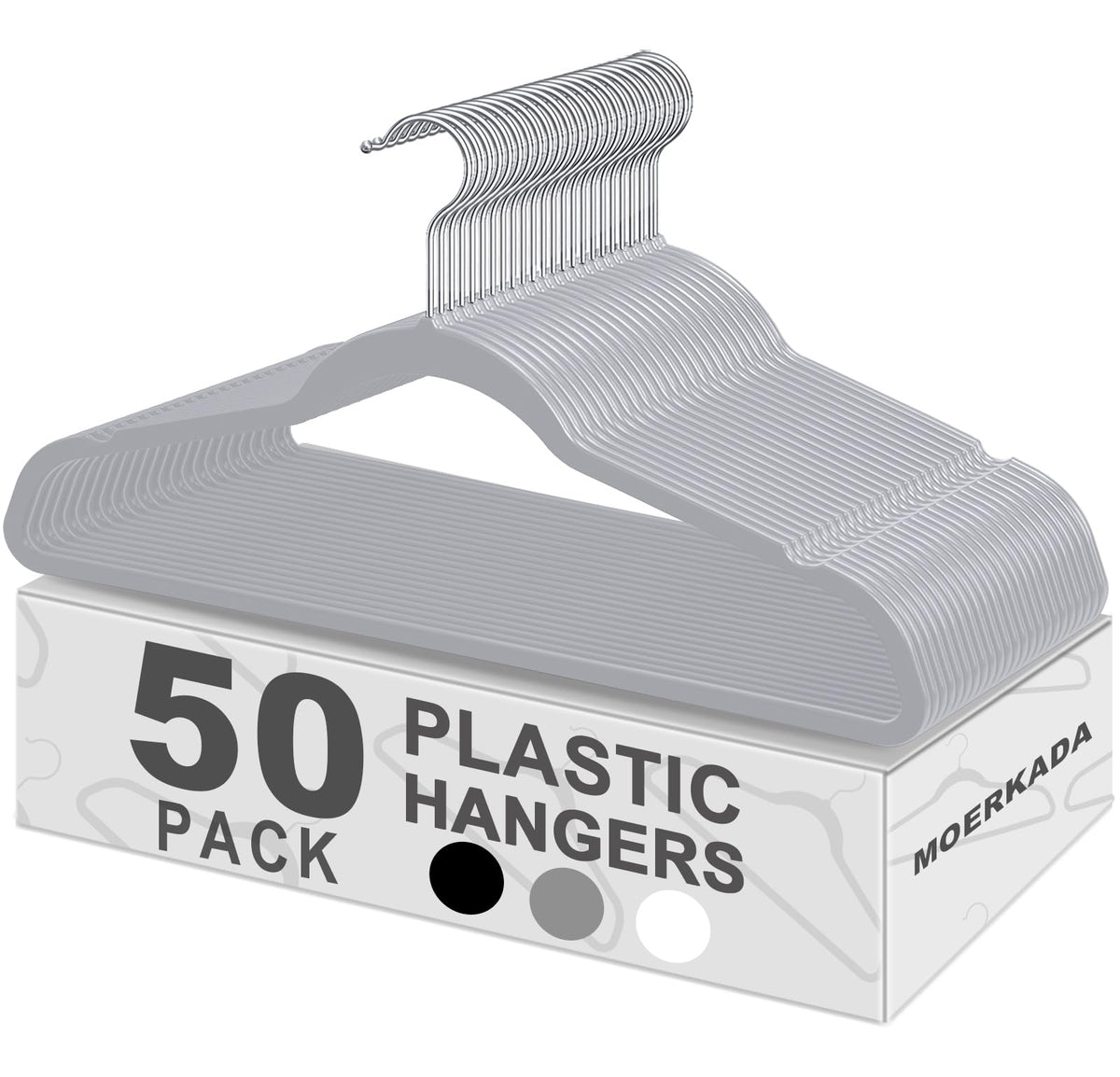 MOERKADA 50-pack ultra-thin hangers side profile showing slim design saves closet space.