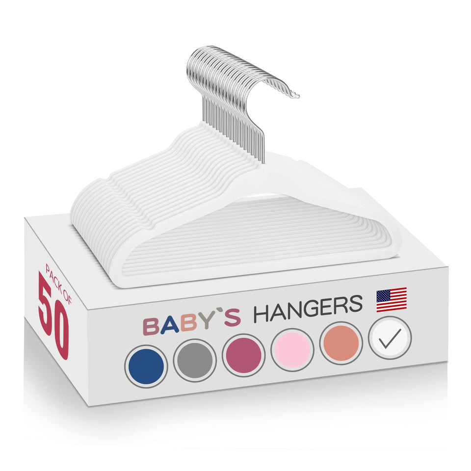 MOERKADA white velvet kids hangers with an 11-inch ultra-thin profile for compact nurseries.