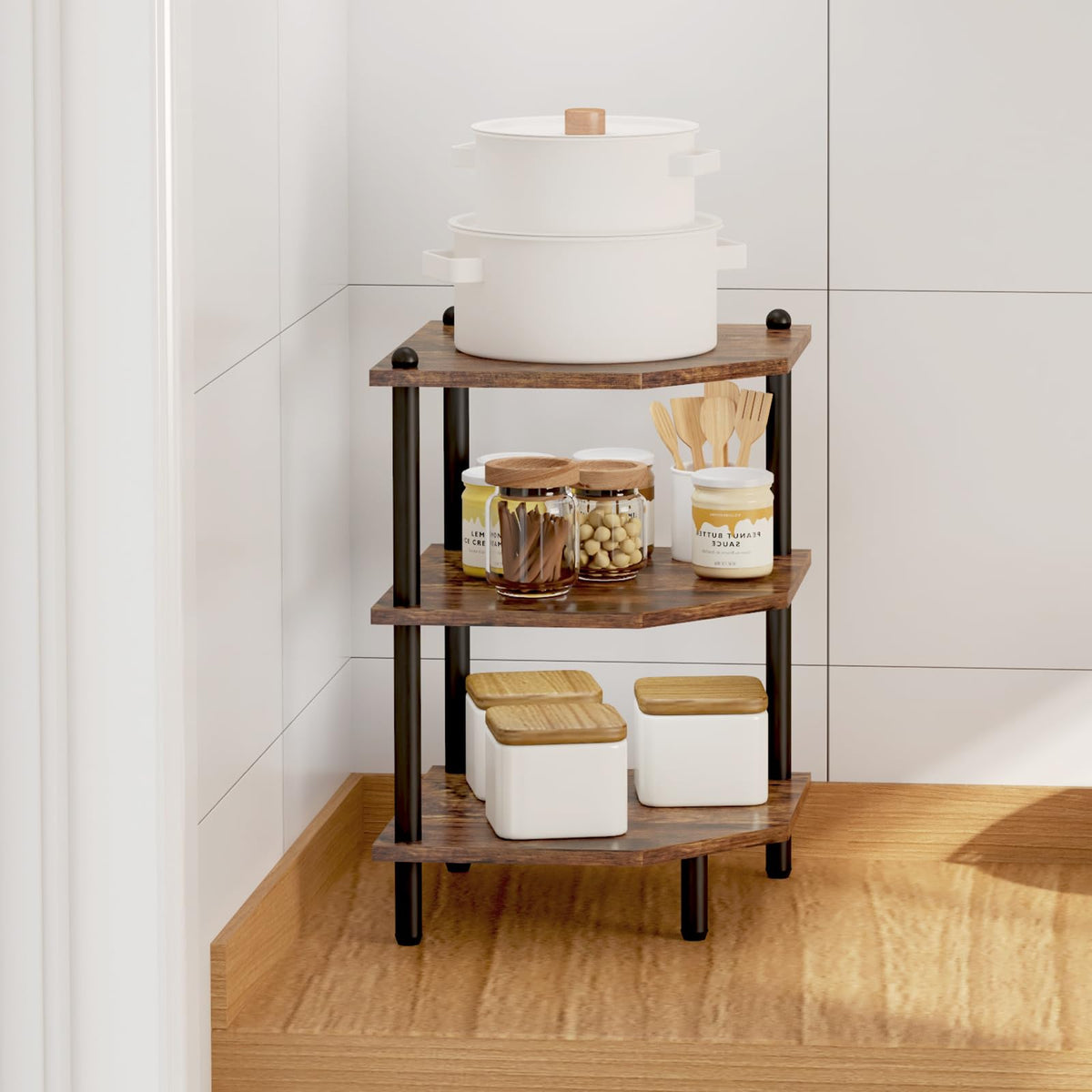 MOFAIN corner shelf with rubber feet protects floors.