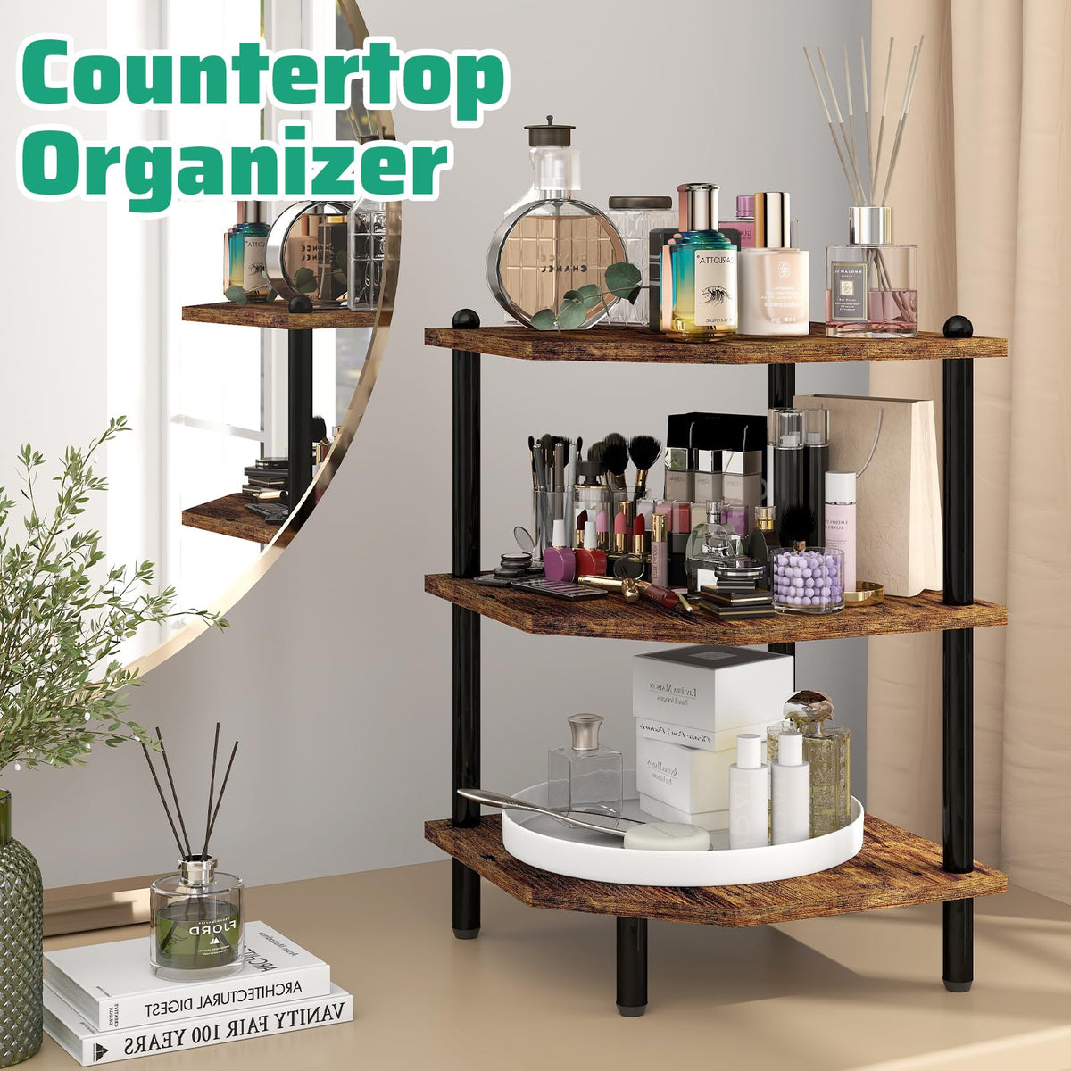 MOFAIN rustic brown corner shelf shows a 3-tier layout maximizing counter space.