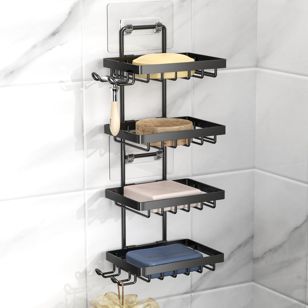 Moforoco 4-tier soap holder in brushed stainless keeps bars dry and organized.