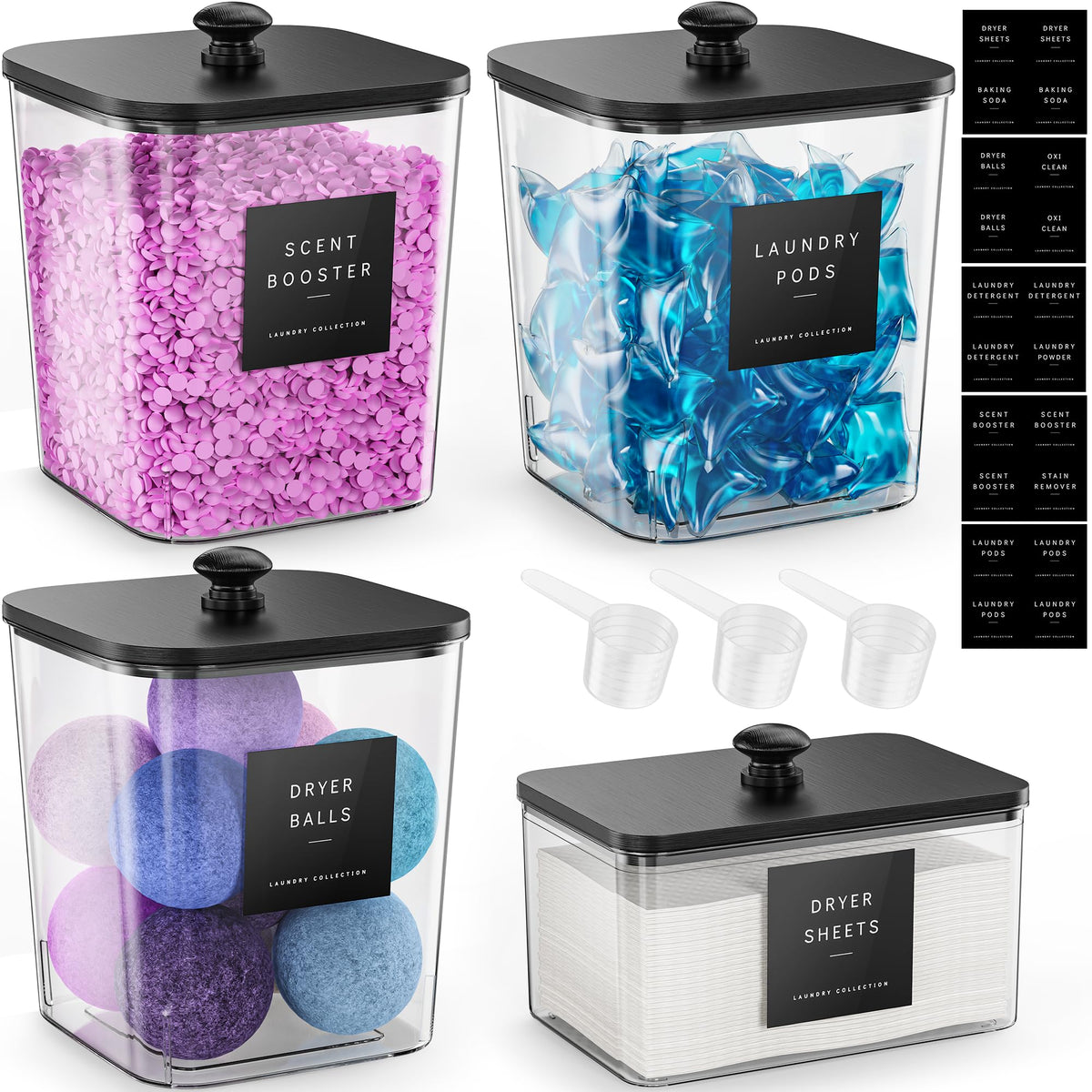 Moforoco 4-pack clear laundry containers with 0.66 gal capacity for tidy storage.