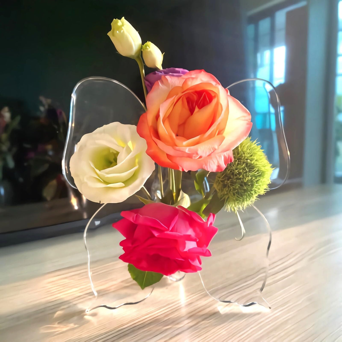 Mogayleo clear butterfly frame vase on a living room table showing an elegant centerpiece.