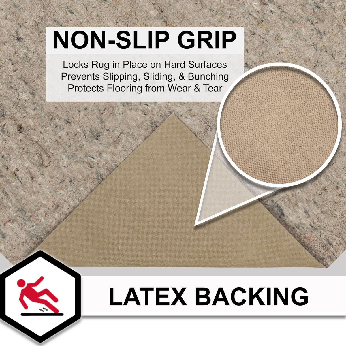 Mohawk Home latex rubber gripper backing prevents slipping and wrinkling.