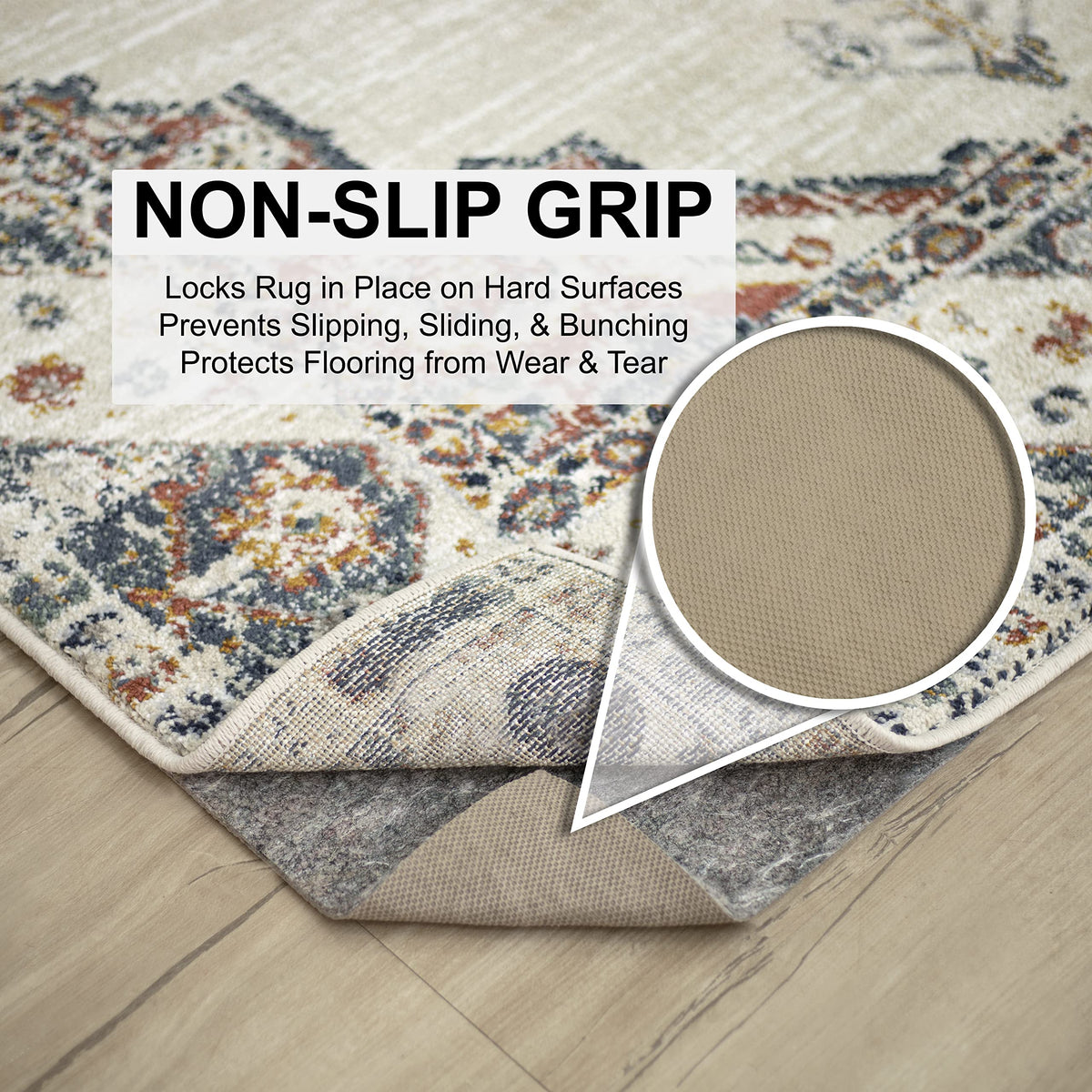 Mohawk Home dual-surface rug pad in use on hard floors and carpet