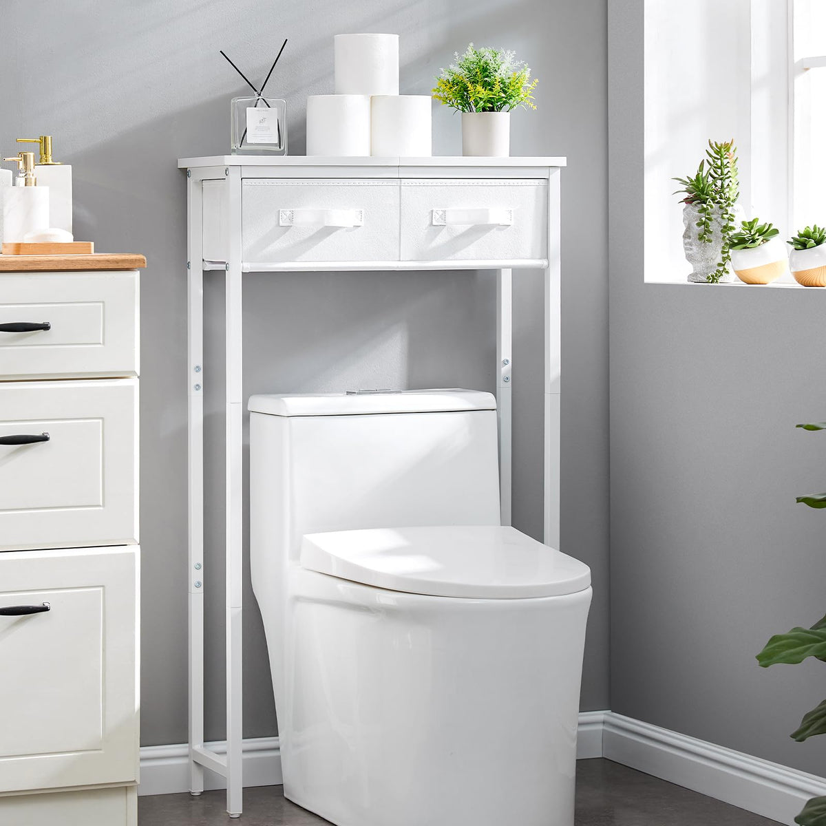 MOHOPE bottom shelf clearance demonstrates efficient vertical space use above the toilet