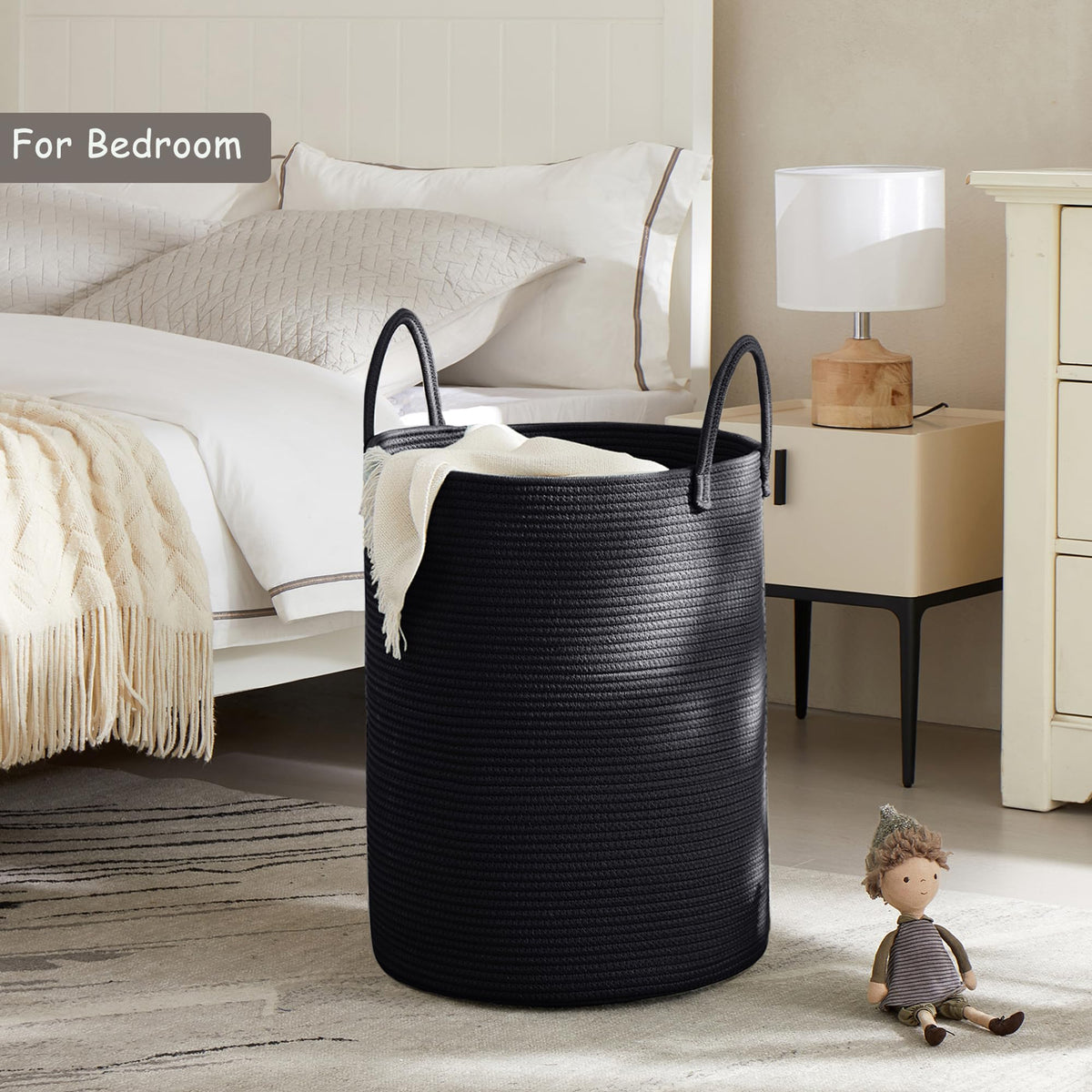 MOJOSCEND 60L black woven rope hamper side profile showing spacious storage