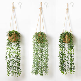 Mokof 3-pack artificial hanging plants in boho baskets for easy wall decor.