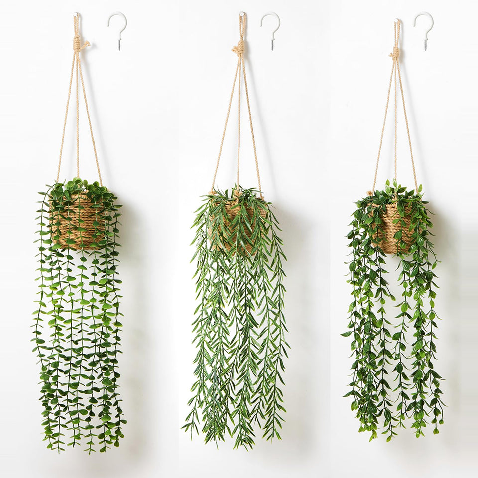 Mokof 3-pack artificial hanging plants in boho baskets for easy wall decor.
