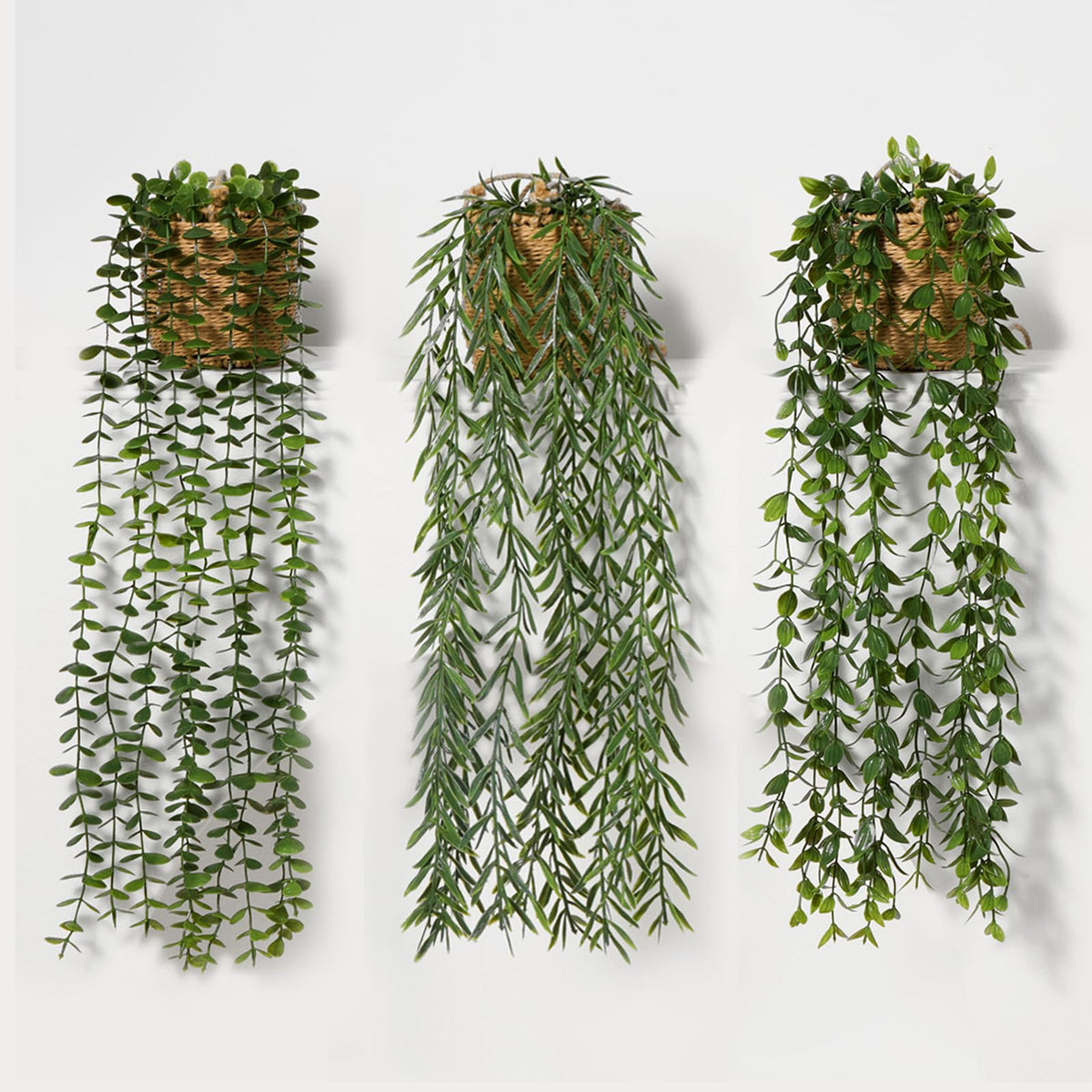 Mokof hanging plants in handwoven baskets add instant greenery to walls.