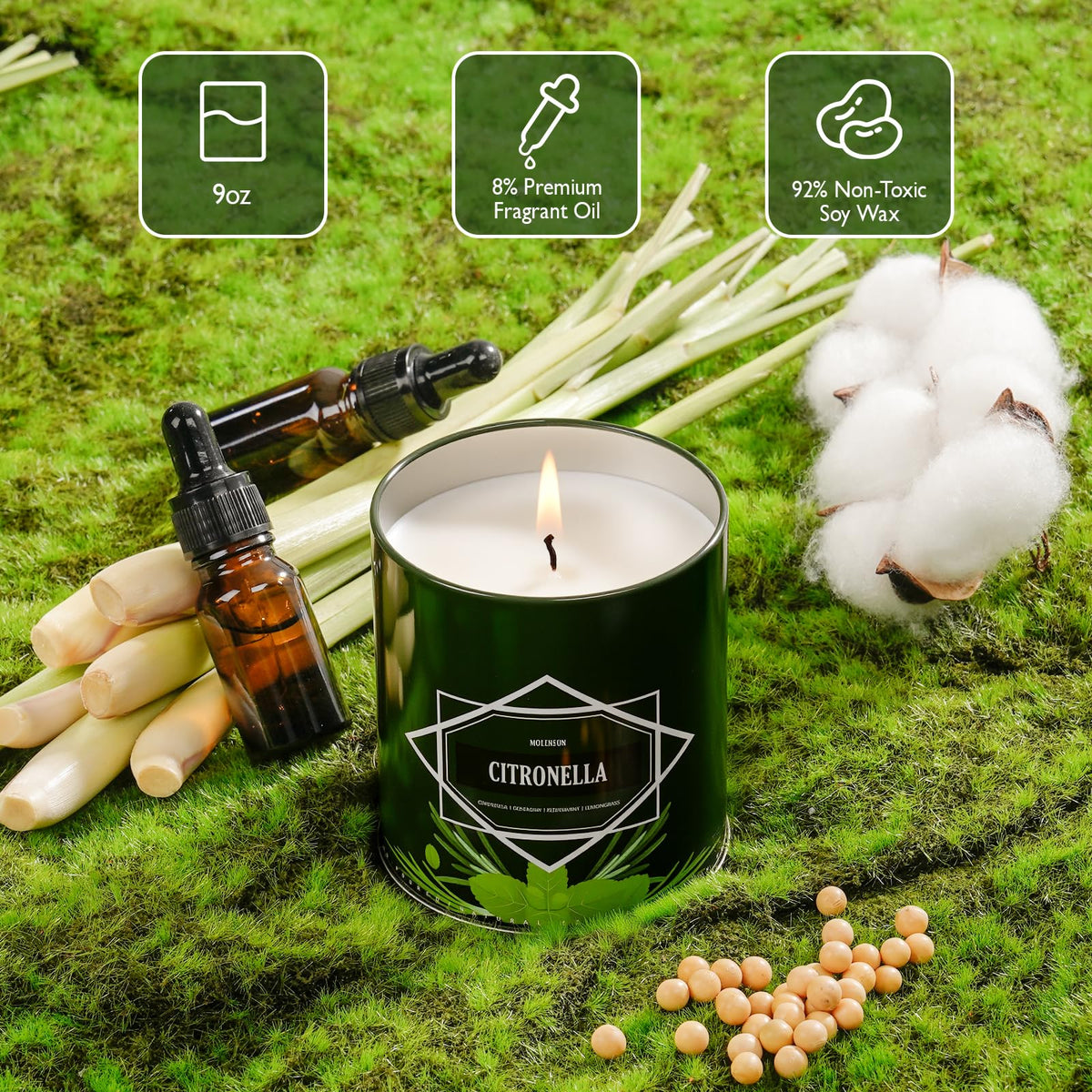 Wick close-up on Molensun citronella candle for clean burn