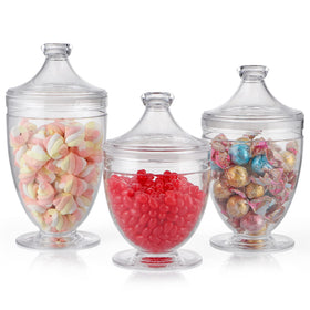 MOLIGOU acrylic apothecary jar trio display for organized storage.
