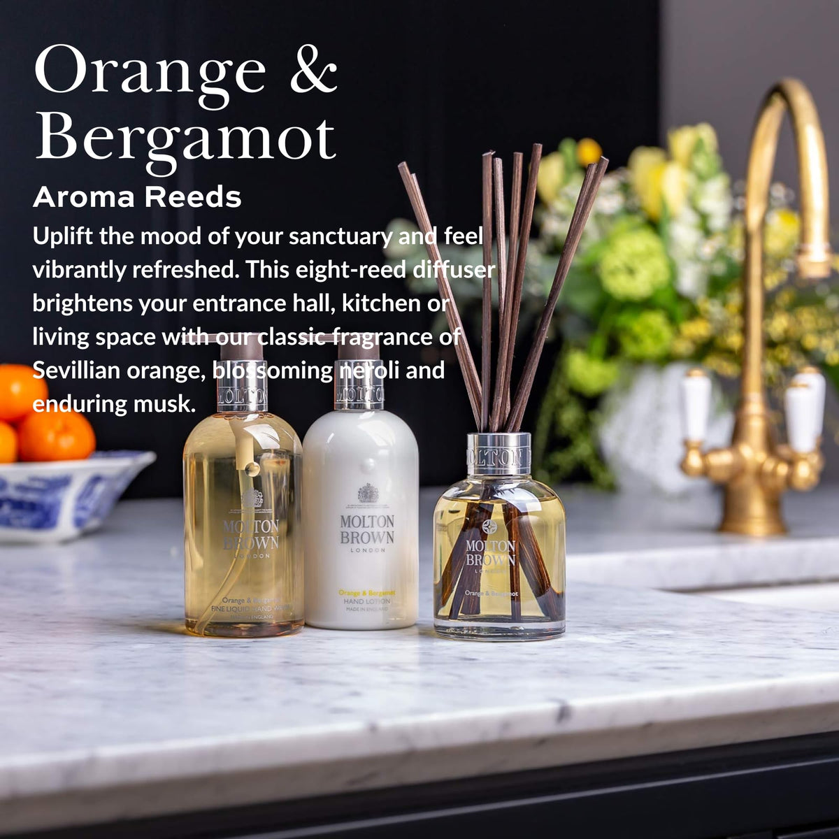 Molton Brown Aroma Reeds diffuser base highlights sleek design and long-lasting aroma.
