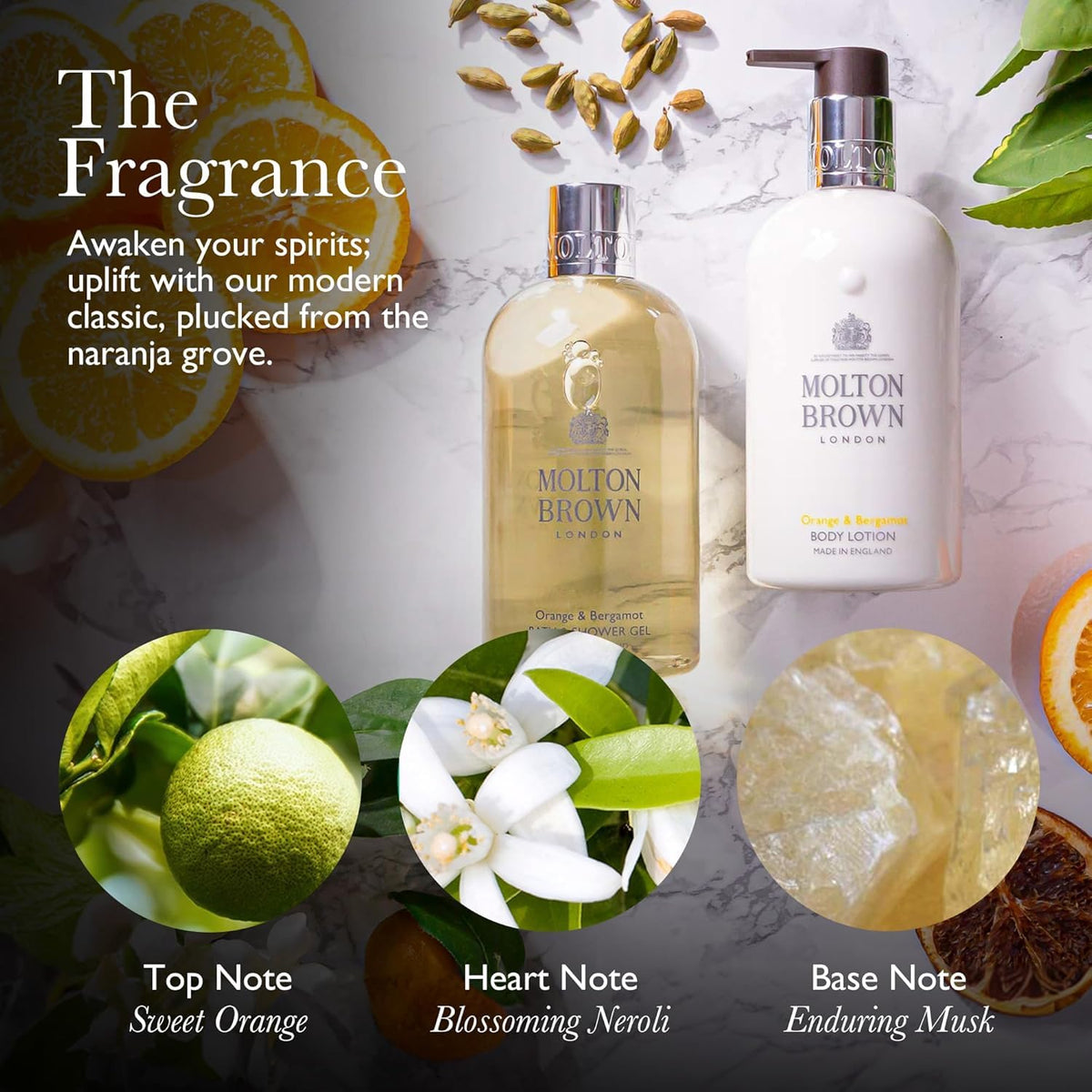 Molton Brown Orange & Bergamot reeds close-up highlighting citrus notes and neroli balance for freshness.