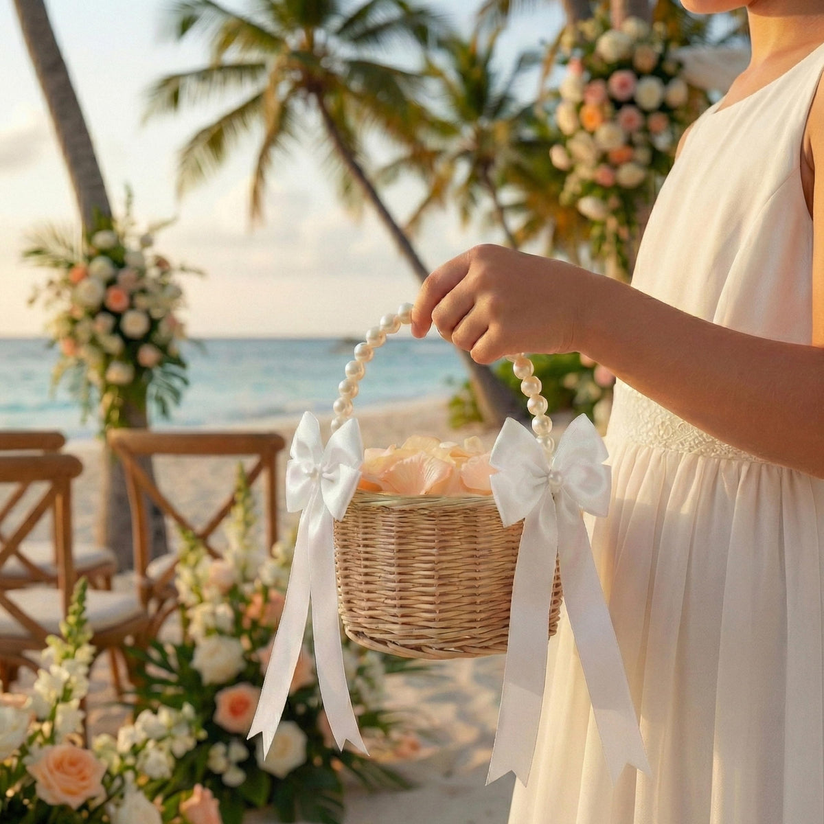 MOLTREX wedding decor basket with champagne petals softens aisles