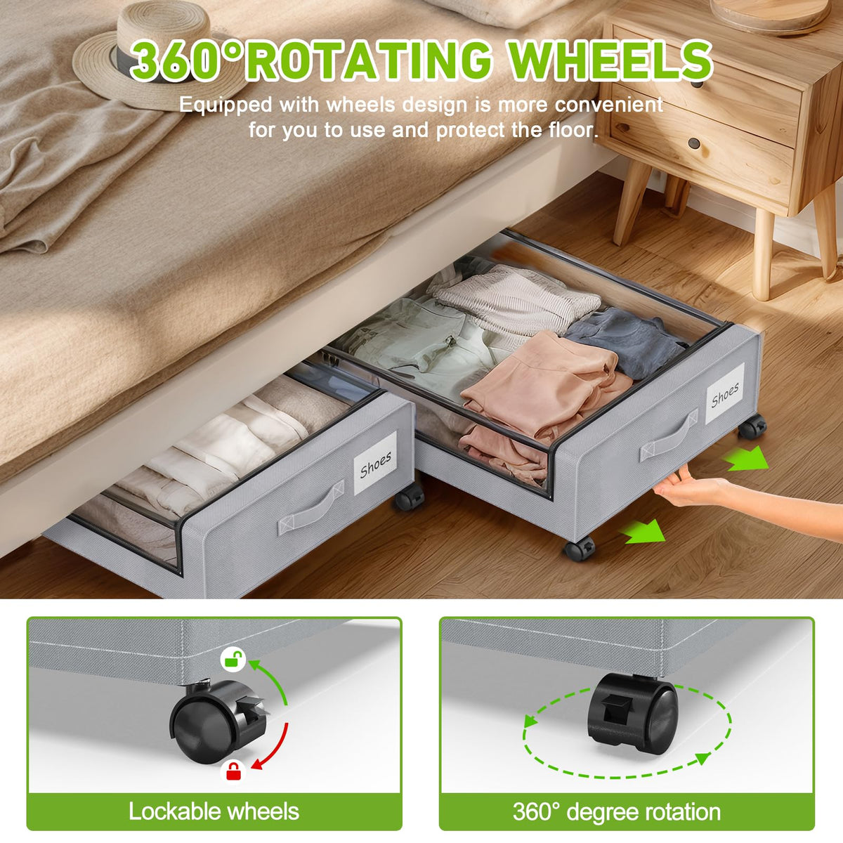 Molutsody under-bed storage wheels roll smoothly on floors.