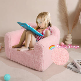 MOMCAYWEX toddler chair in pink, arms provide support for safe sitting.