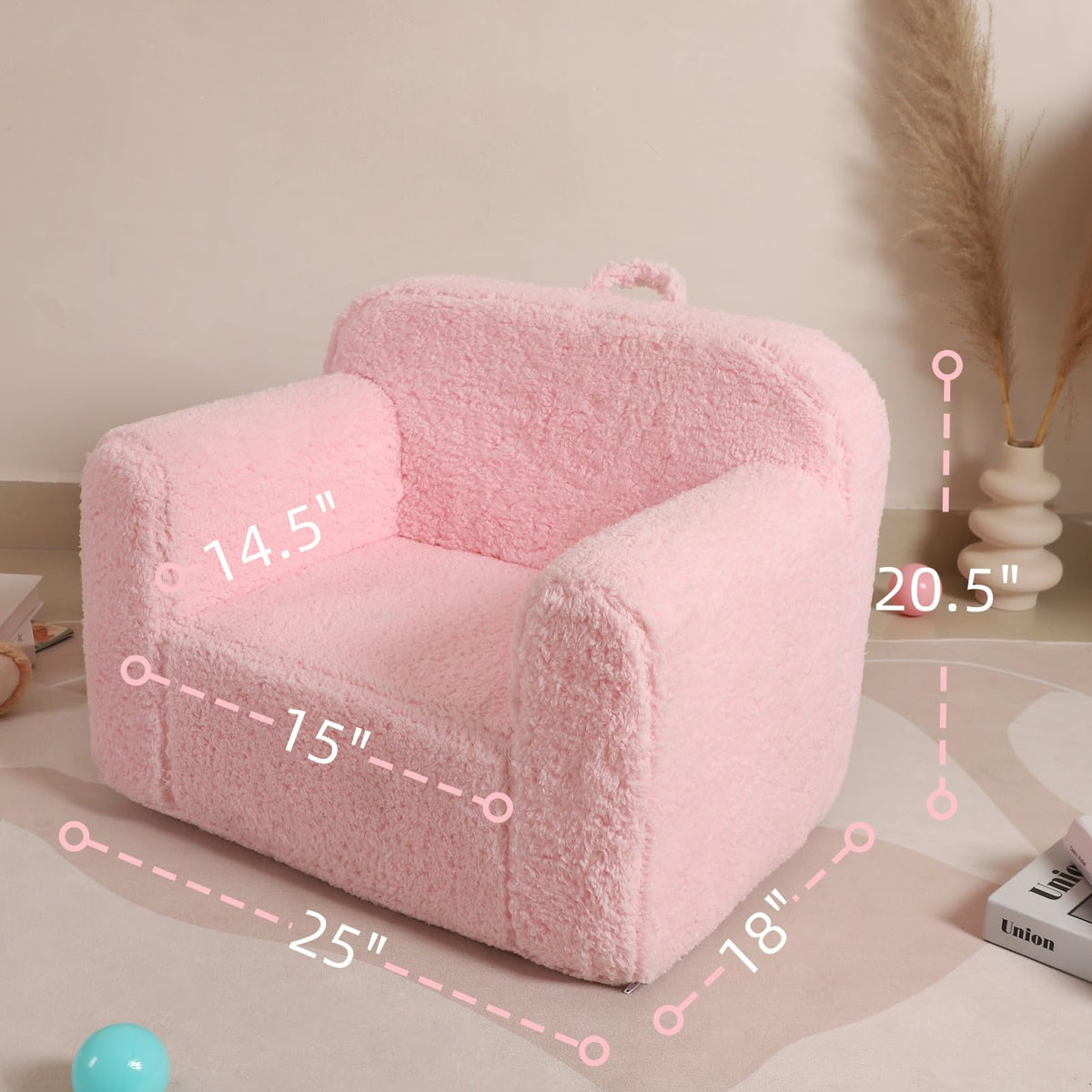 MOMCAYWEX kids chair side view pink, lightweight and easy to move for play.