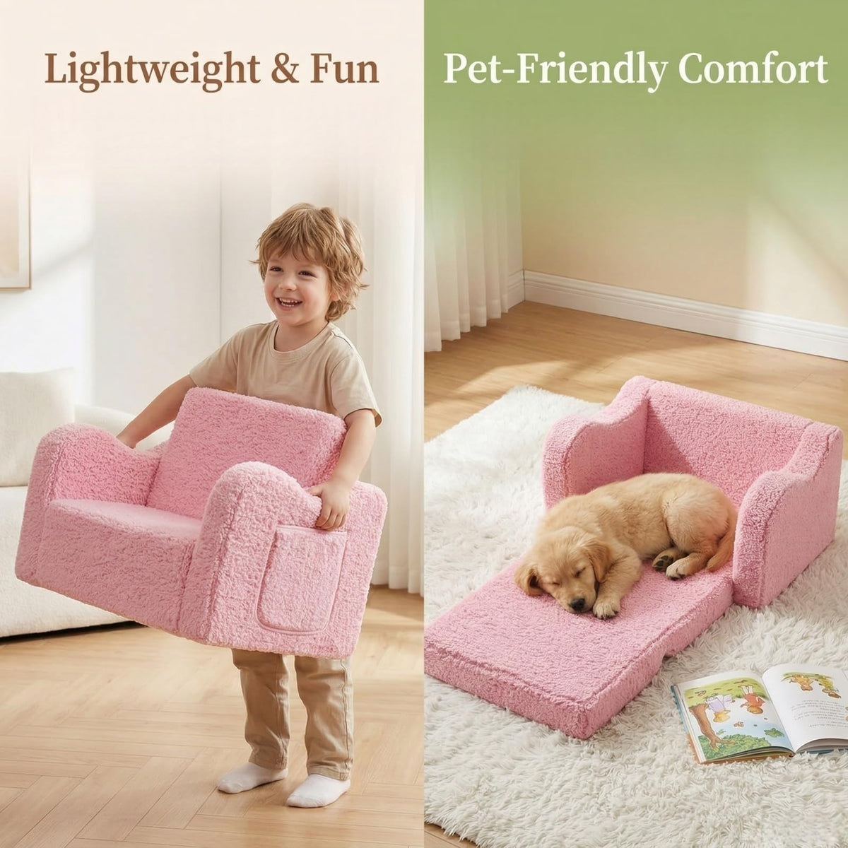 MOMCAYWEX Kids Sofa flip design, ideal for playtime and easy conversion.