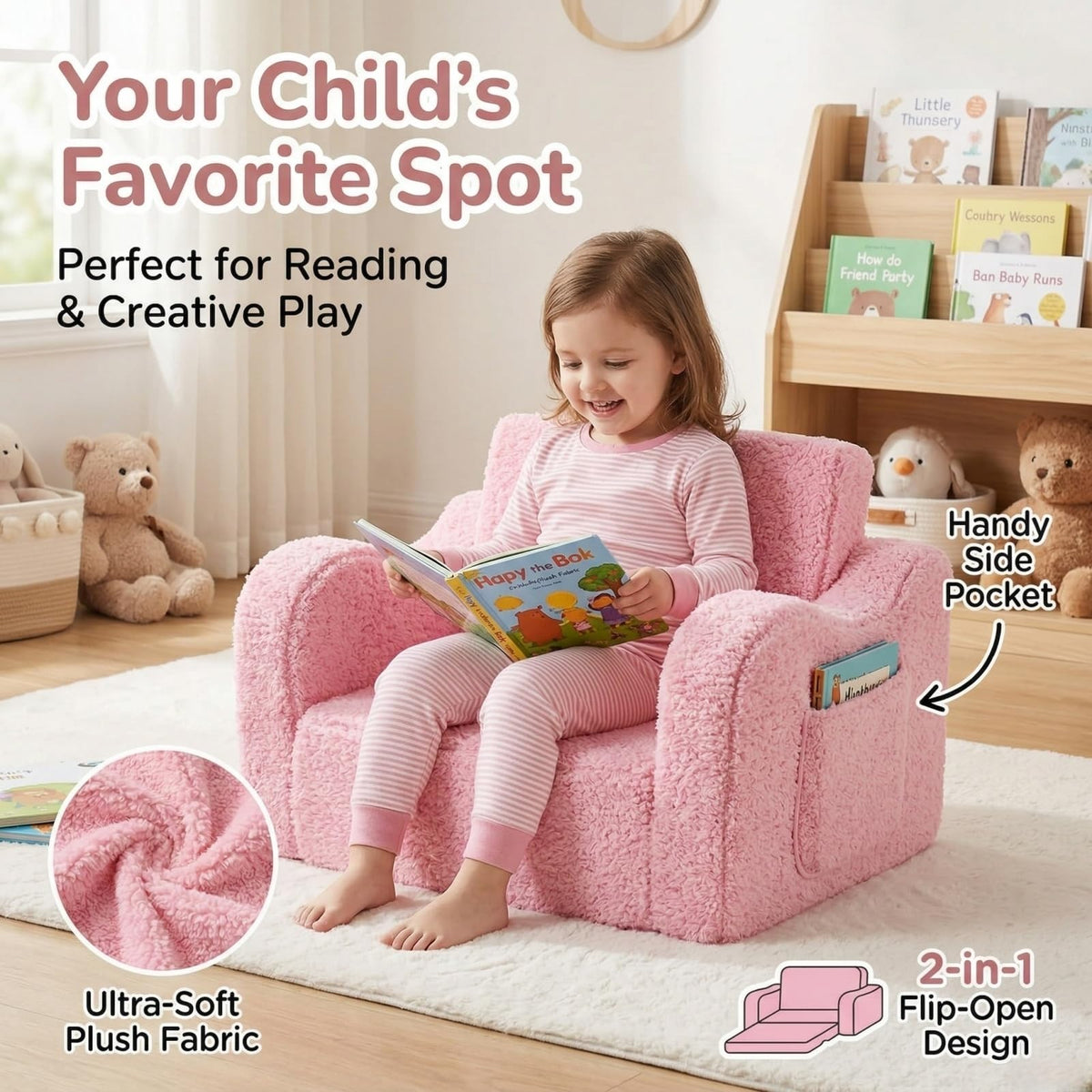 MOMCAYWEX Kids Sofa pink open, flip-out design for quick lounging.