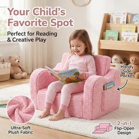 MOMCAYWEX Kids Sofa pink open, flip-out design for quick lounging.