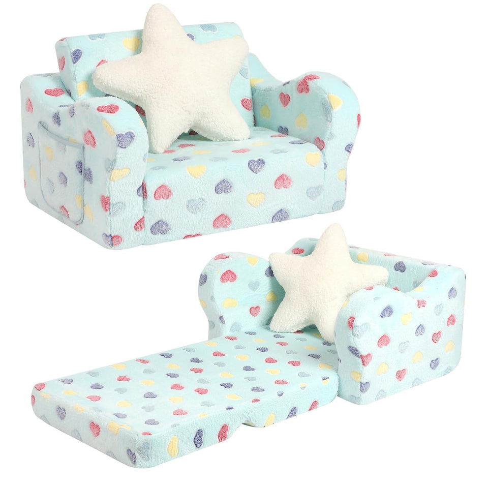 MOMCAYWEX Toddler Couch with star pillow offers cozy seating for reading and play.
