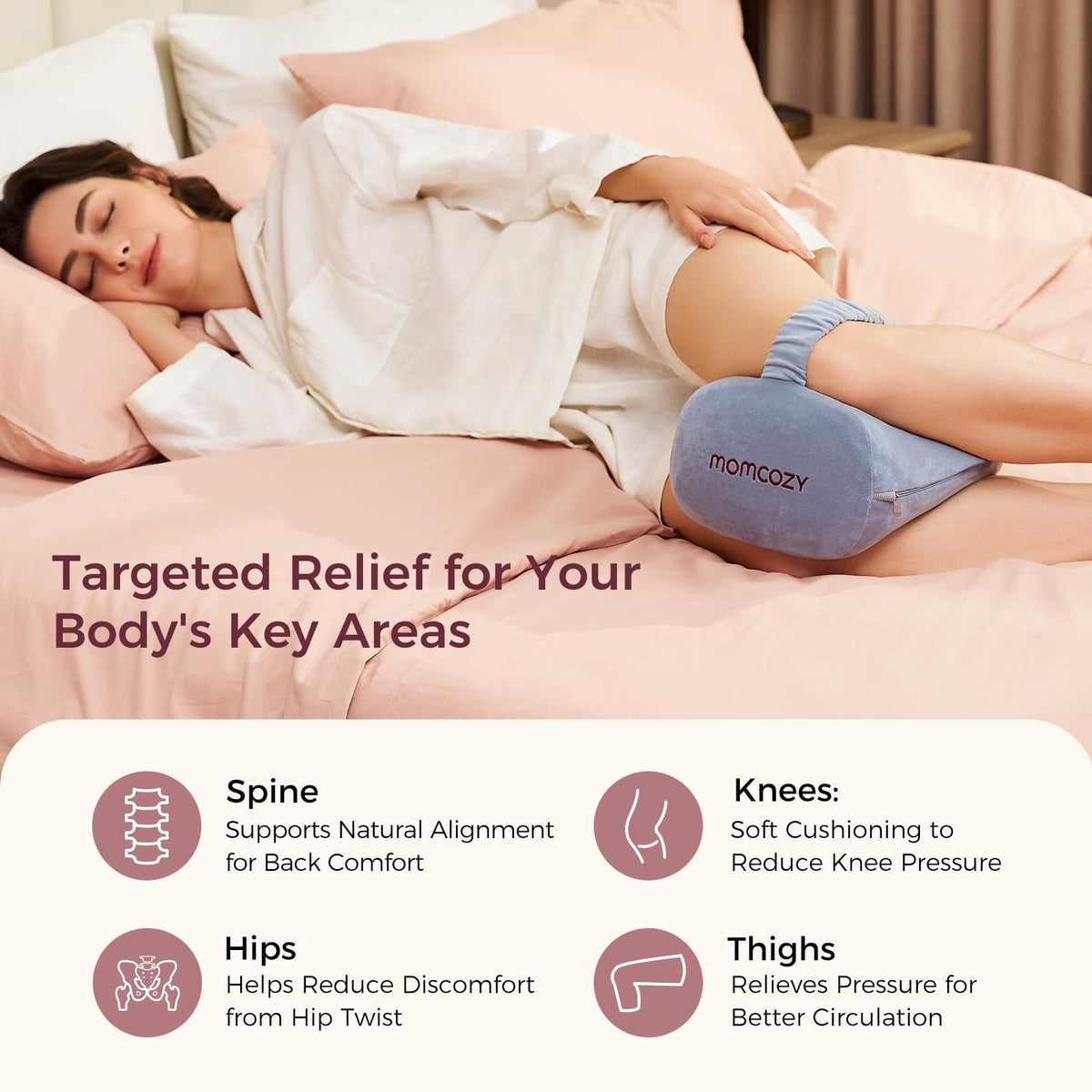 Momcozy knee pillow with adjustable strap demonstrates secure fit for night use.