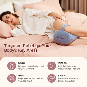 Momcozy knee pillow with adjustable strap demonstrates secure fit for night use.