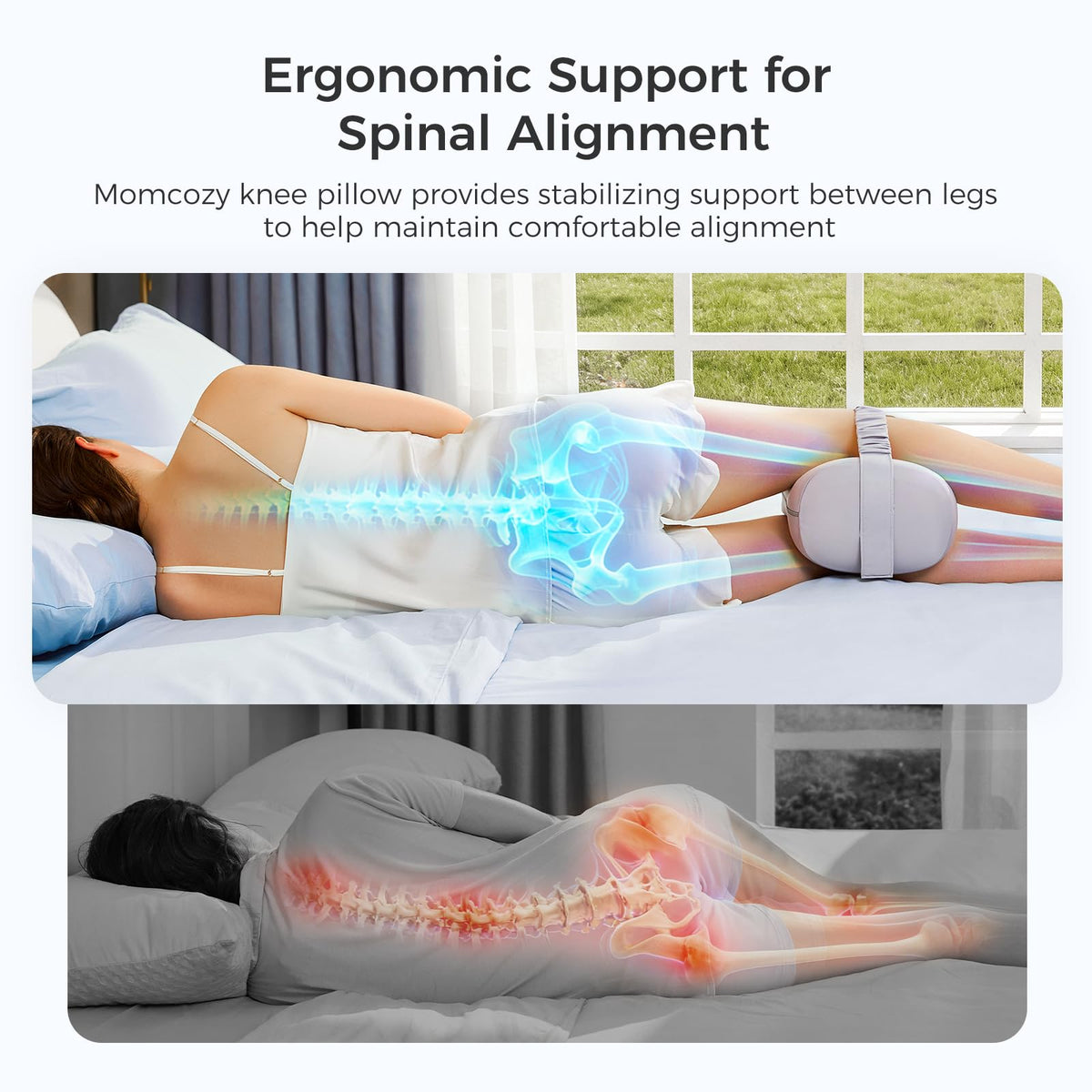 Momcozy knee pillow with adjustable strap stays secure during night rest