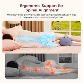 Momcozy knee pillow with OEKO-TEX cover delivers breathable, washable comfort.