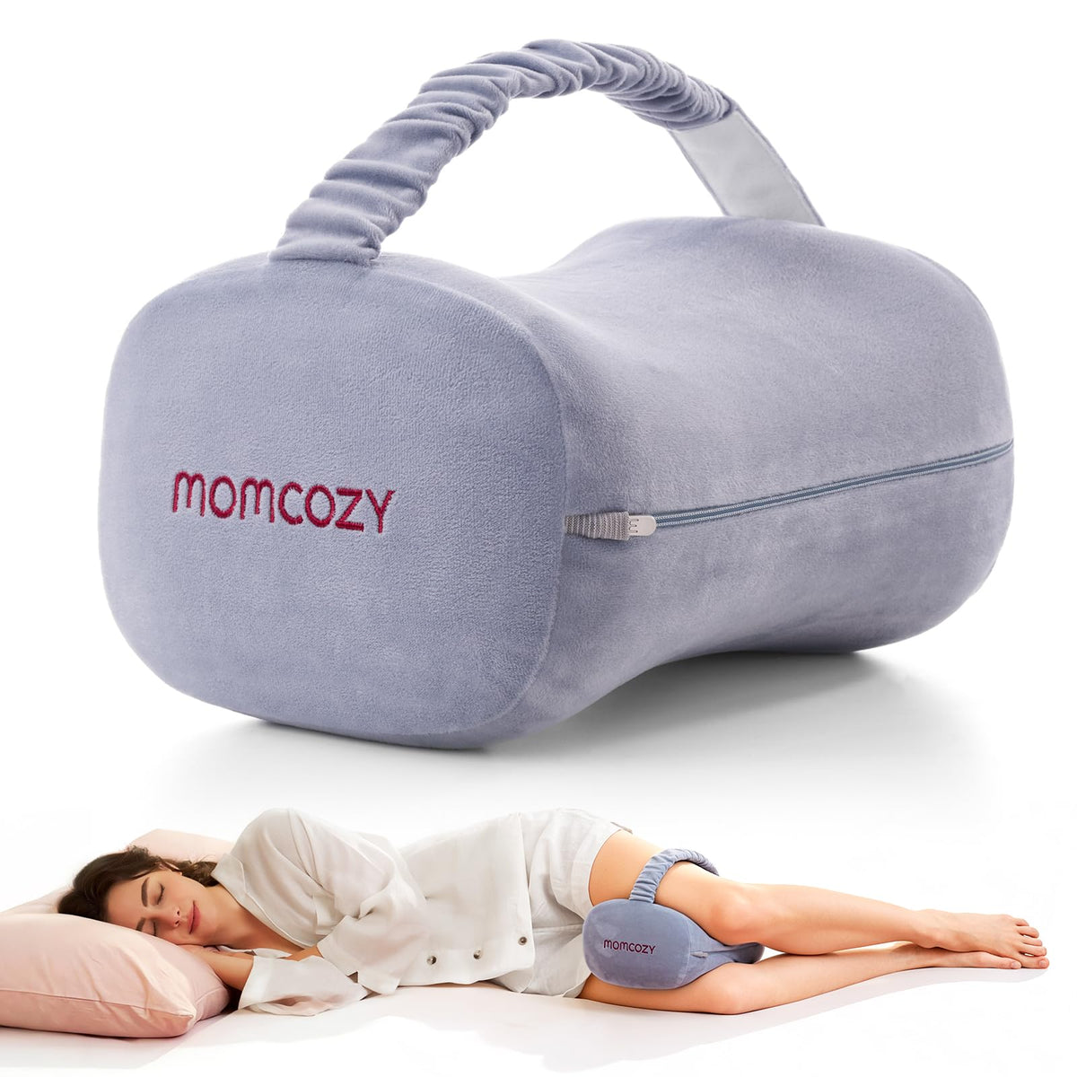 Momcozy knee pillow for side sleepers with memory foam offers targeted comfort and spine alignment.