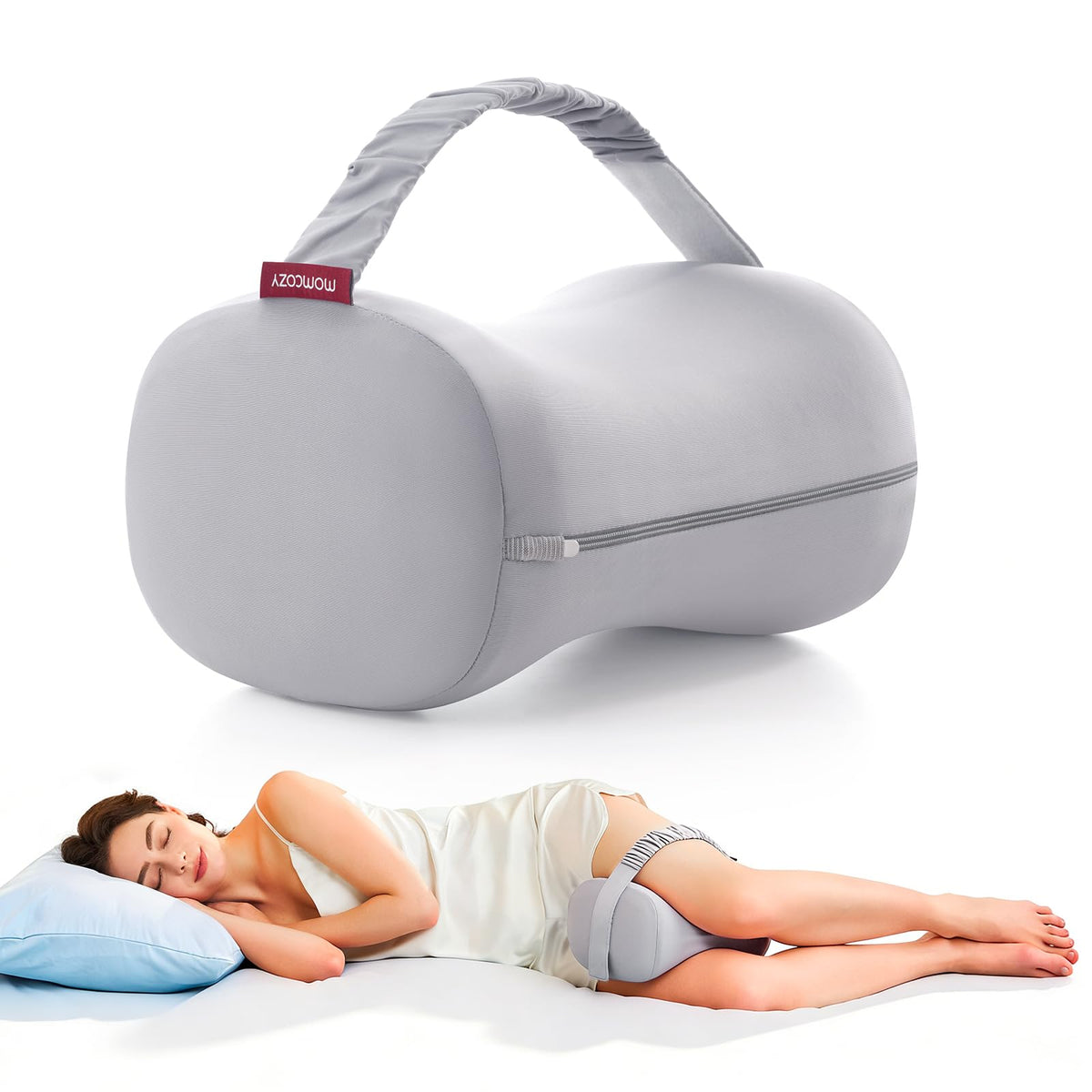 Momcozy knee pillow supports side sleeping with alignment for spine and hips