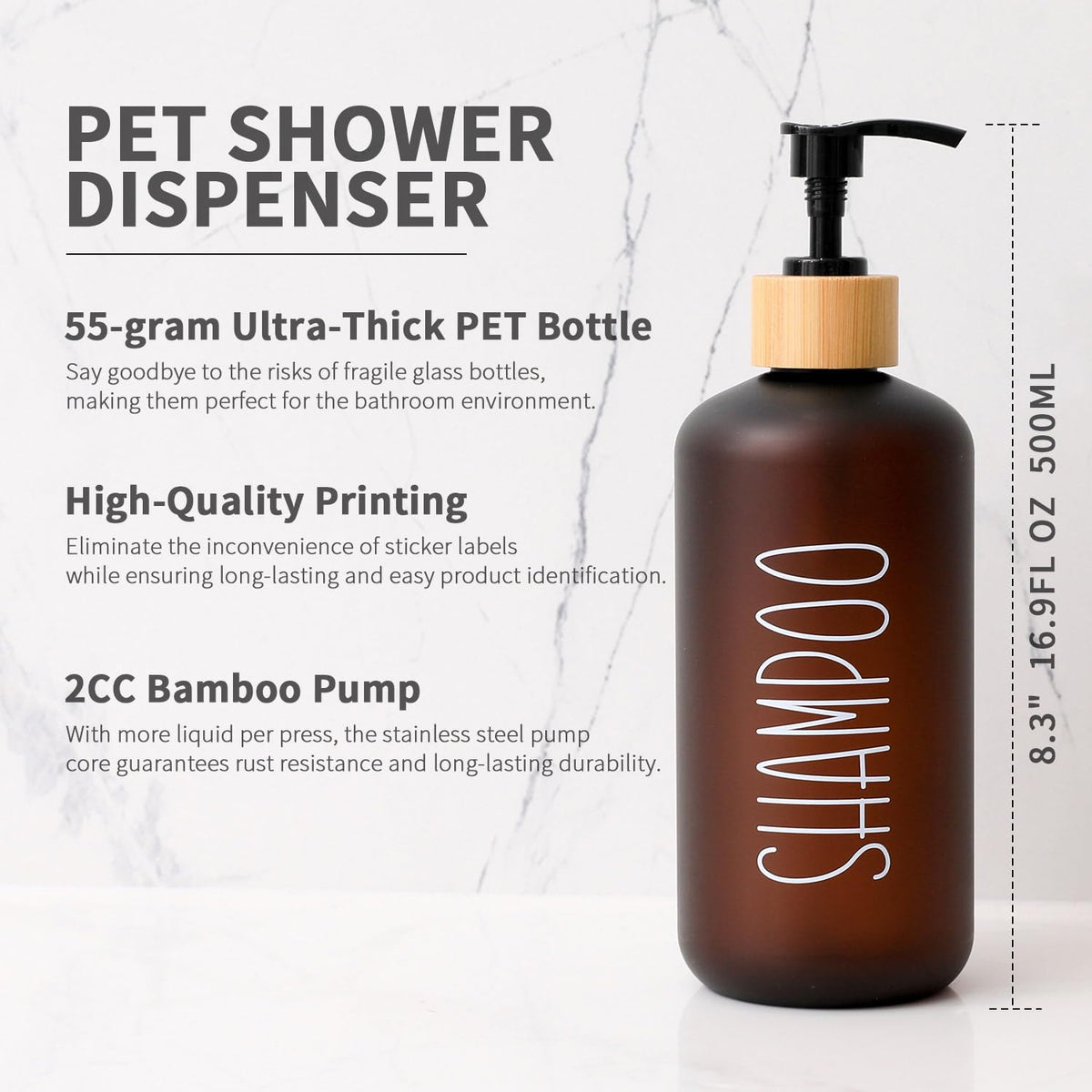 MOMEEMO Amber bottles printed SHAMPOO, CONDITIONER, BODY WASH for quick identification.