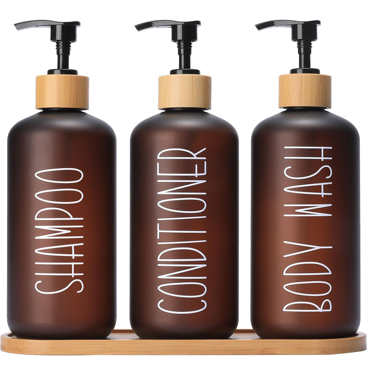 MOMEEMO Amber shower dispenser set with three labeled bottles for organized storage.