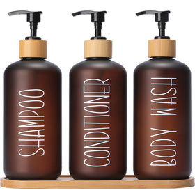 MOMEEMO Amber shower dispenser set with three labeled bottles for organized storage.
