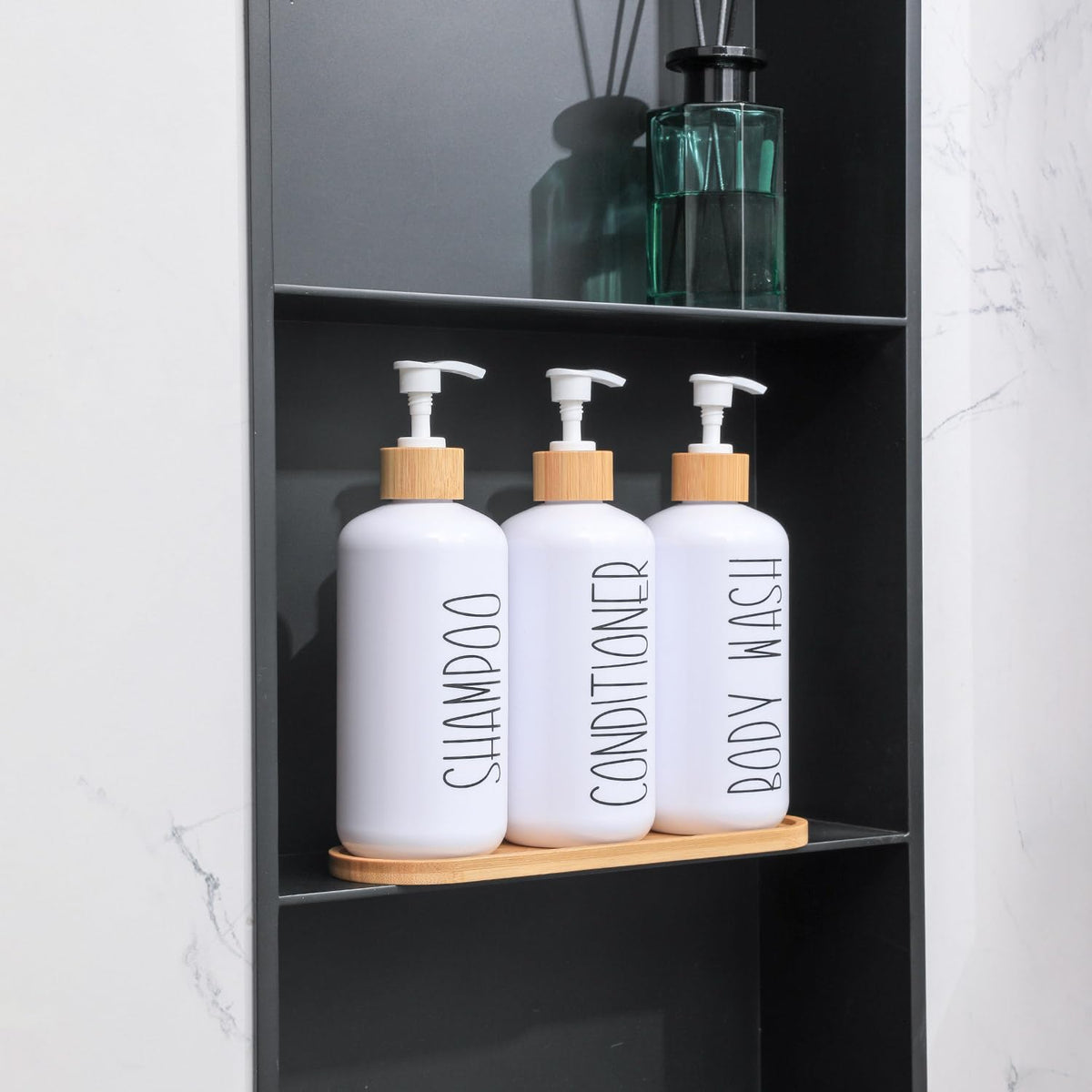 MOMEEMO bamboo tray organizer enhances display and stores small items.