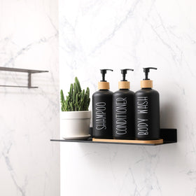 MOMEEMO label-printed bottles clearly mark SHAMPOO, CONDITIONER, BODY WASH for easy guest room organization