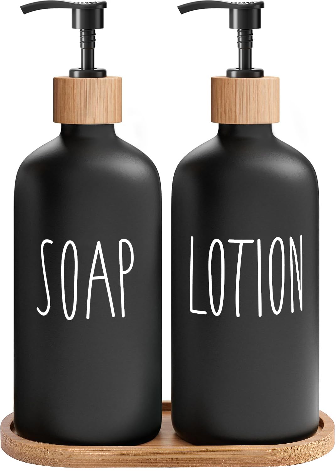 MOMEEMO black soap dispenser closeup with glass body and bamboo pump for stylish bathroom use