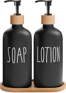MOMEEMO black soap dispenser closeup with glass body and bamboo pump for stylish bathroom use
