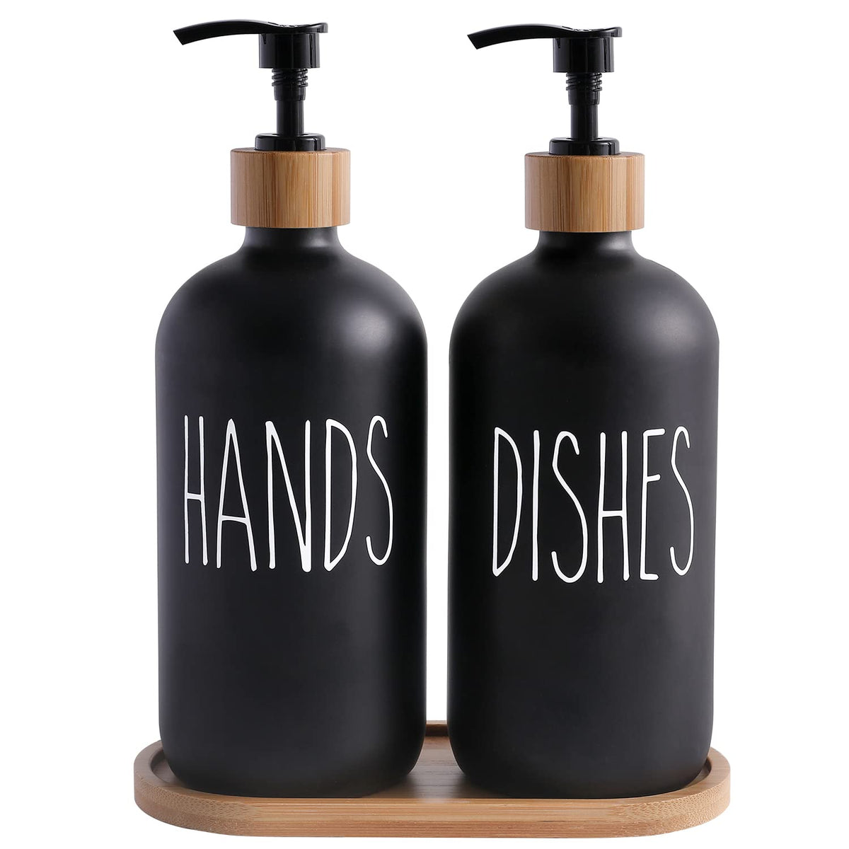 MOMEEMO hands and dishes label glass dispenser with bamboo pump for organized kitchen labeling.
